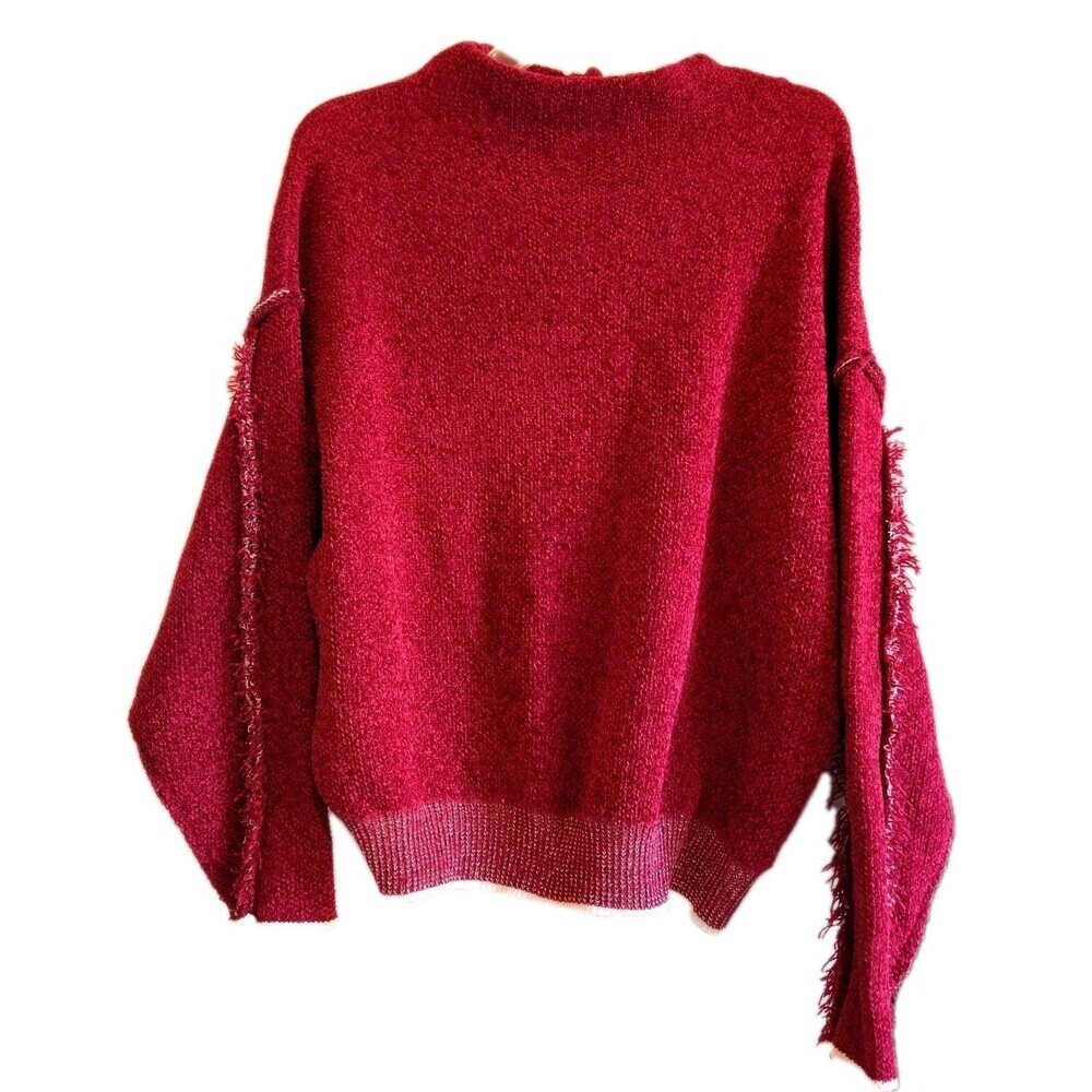 Zenana Fringed Exposed Seam Knit Sweater L/XL Magenta Pink Raw Hem Drop Shoulder